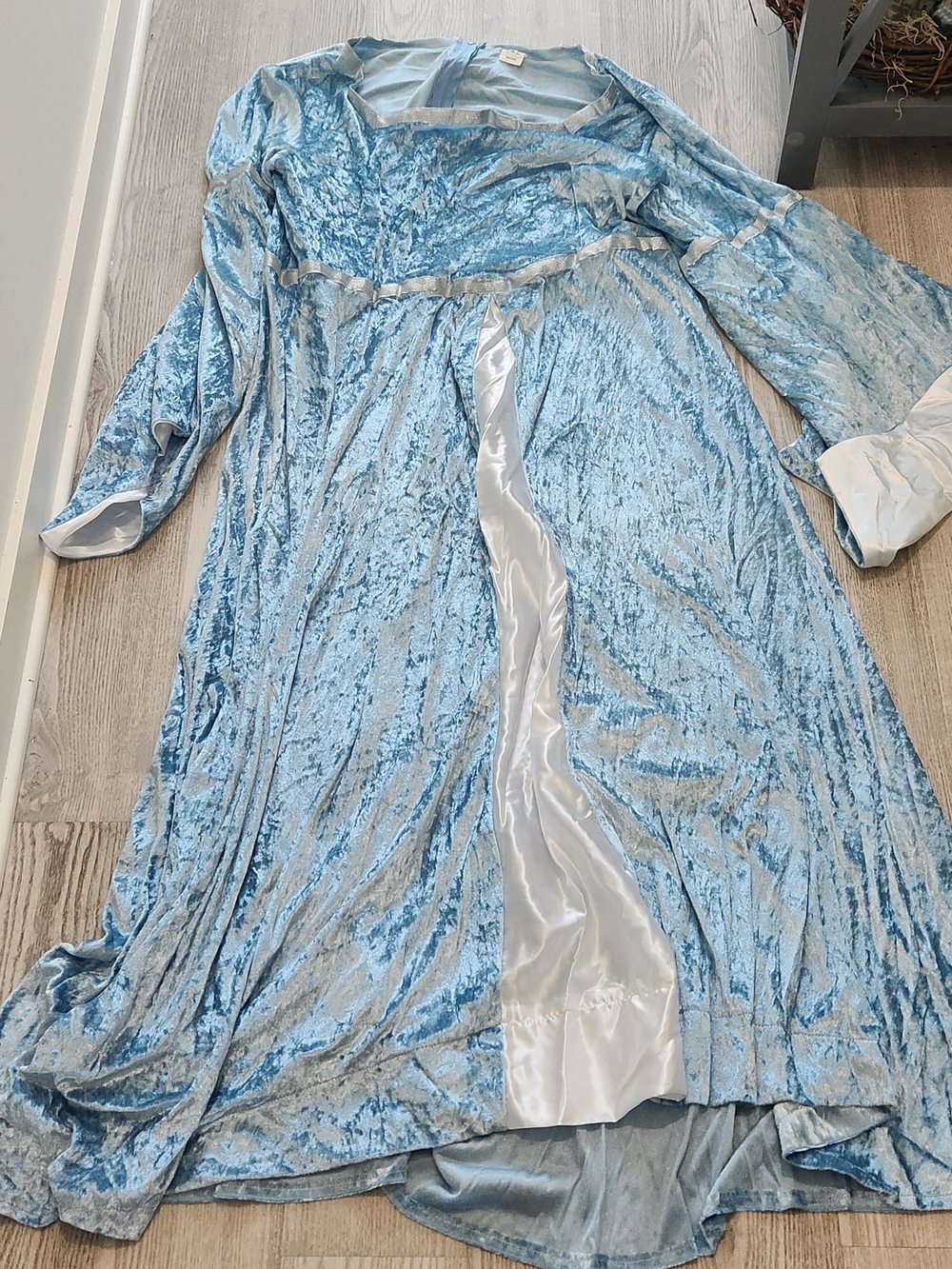Light Blue Velvet Long Dress with Satin Panel